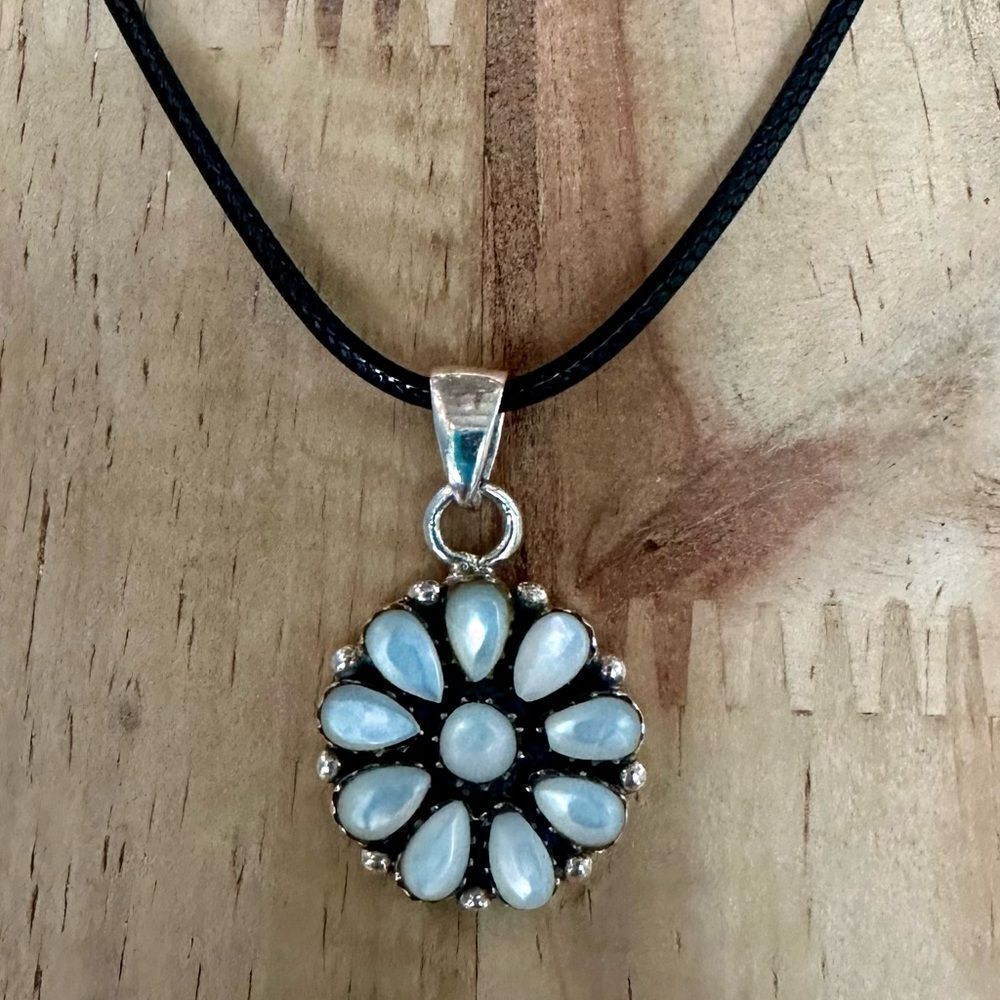 Sterling Silver and White Mother of  Pearl Floral design Pendant Necklace
